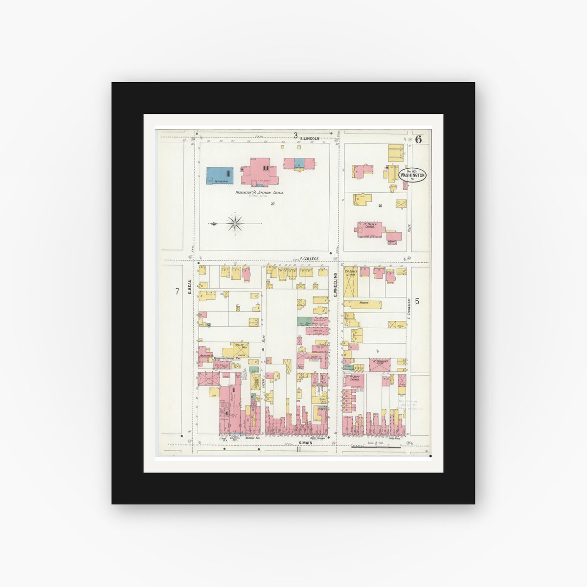 Old map wall art mockup — black gallery frame with white mat — Sanborn Fire Insurance Map from Washington, Washington County, Pennsylvania (1900), Sheet #0006