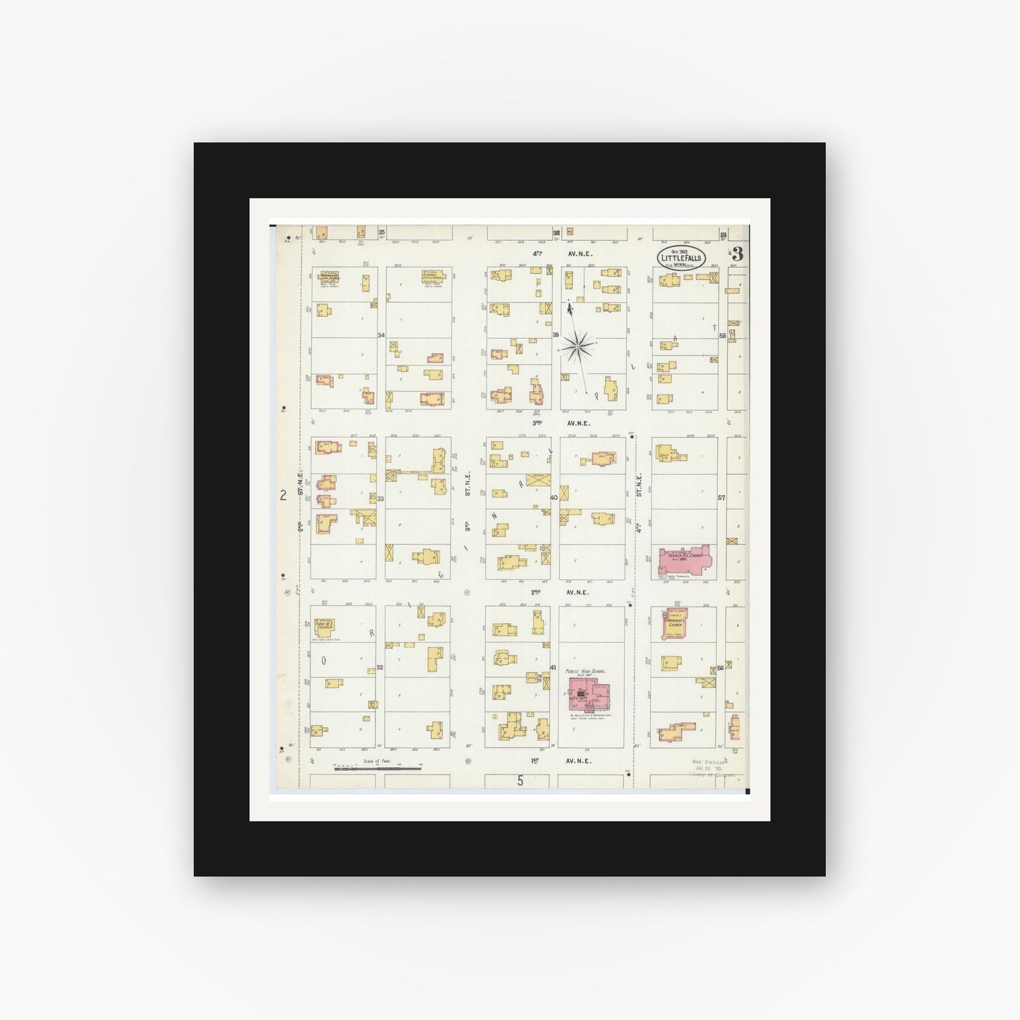 Old map wall art mockup — black gallery frame with white mat — Sanborn Fire Insurance Map from Little Falls, Morrison County, Minnesota (1902), Sheet #0003