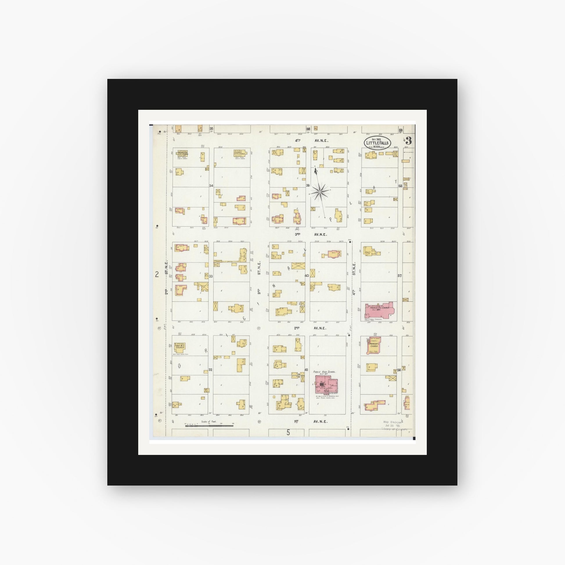 Old map wall art mockup — black gallery frame with white mat — Sanborn Fire Insurance Map from Little Falls, Morrison County, Minnesota (1902), Sheet #0003