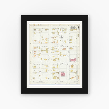 Old map wall art mockup — black gallery frame with white mat — Sanborn Fire Insurance Map from Little Falls, Morrison County, Minnesota (1902), Sheet #0003