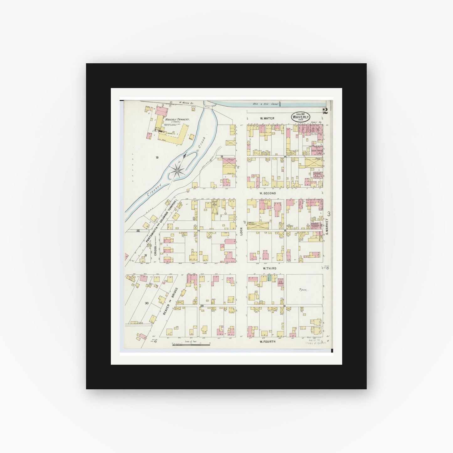 Old map wall art mockup — black gallery frame with white mat — Sanborn Fire Insurance Map from Waverly, Pike County, Ohio (1897), Sheet #0002