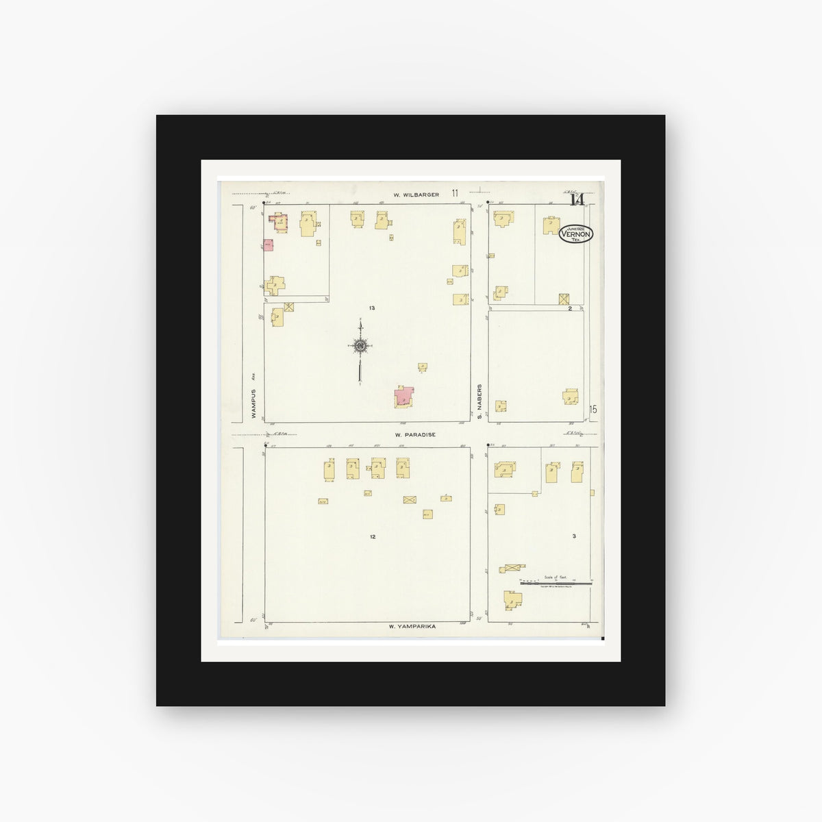 Old map wall art mockup — black gallery frame with white mat — Sanborn Fire Insurance Map from Vernon, Wilbarger County, Texas (1920), Sheet #0014