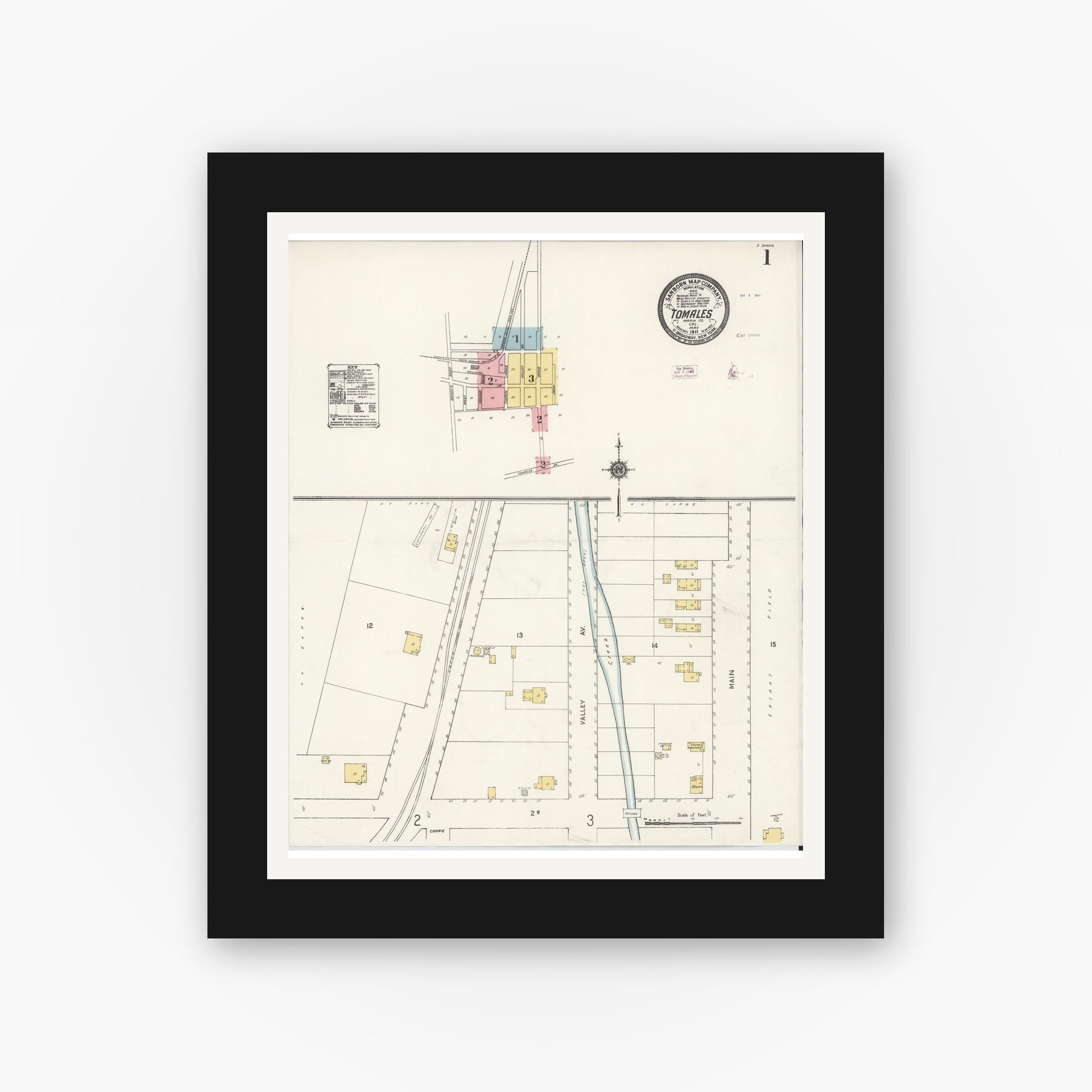 Old map wall art mockup — black gallery frame with white mat — Sanborn Fire Insurance Map from Tomales, Marin County, California (1911) - Complete Map Set
