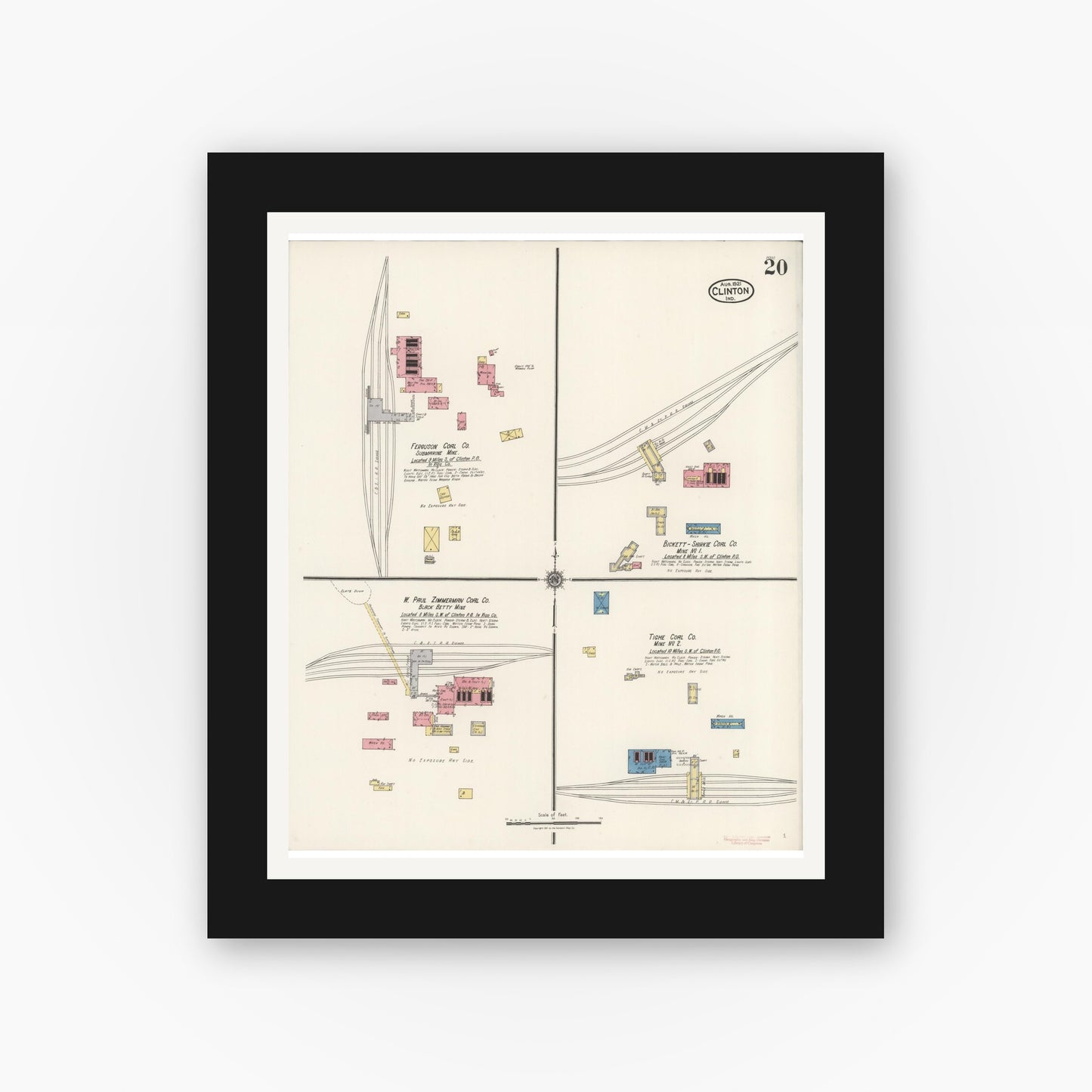 Old map wall art mockup — black gallery frame with white mat — Sanborn Fire Insurance Map from Clinton, Vermillion County, Indiana (1921), Sheet #0020