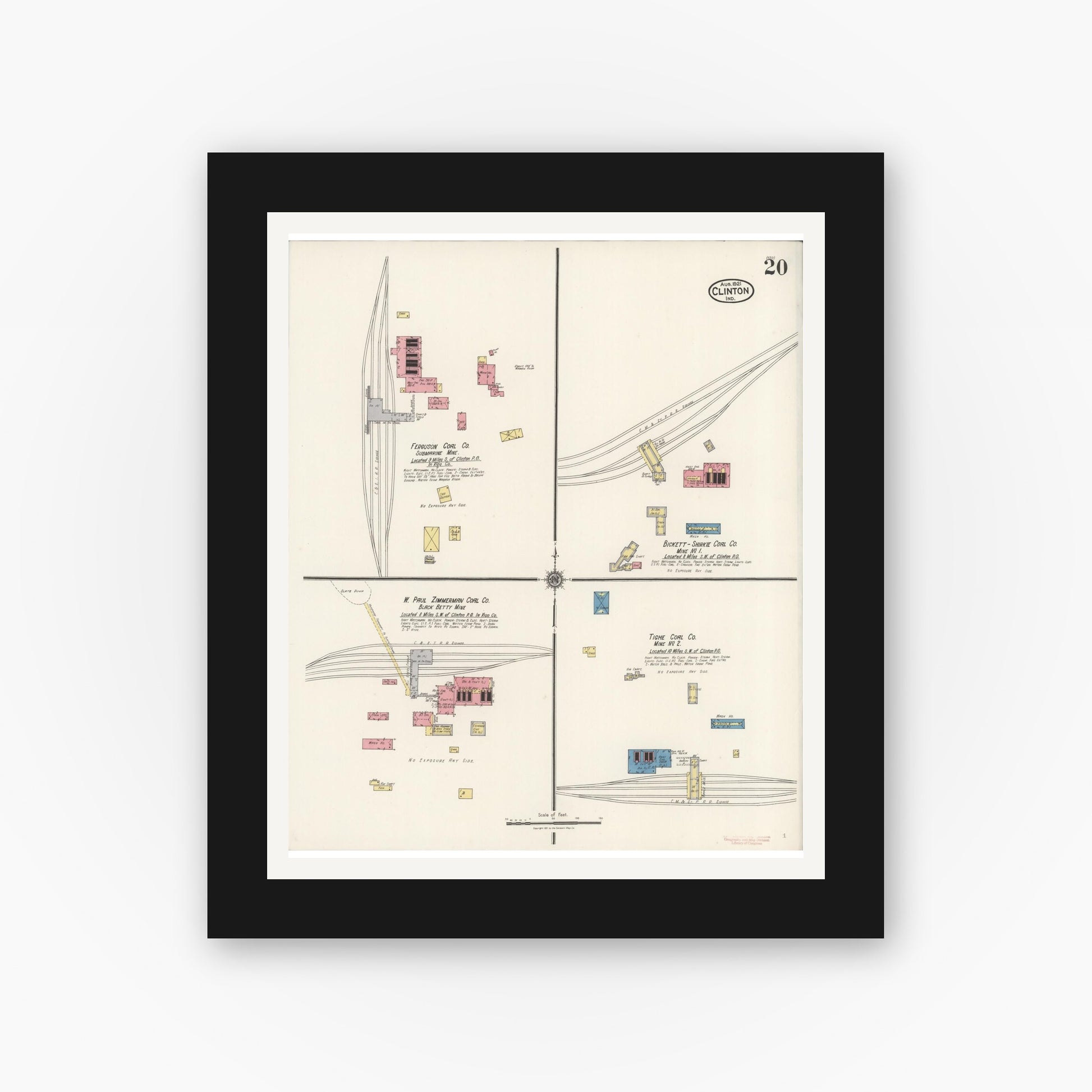 Old map wall art mockup — black gallery frame with white mat — Sanborn Fire Insurance Map from Clinton, Vermillion County, Indiana (1921), Sheet #0020