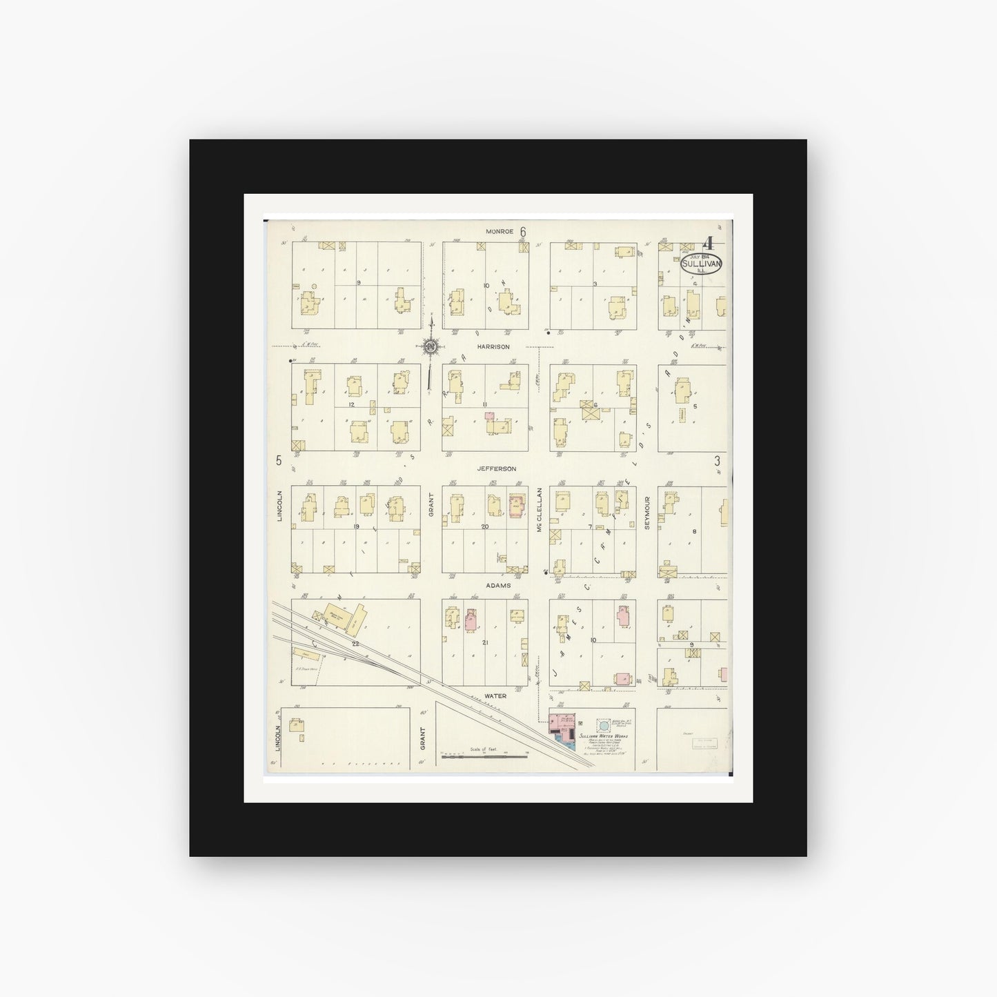 Old map wall art mockup — black gallery frame with white mat — Sanborn Fire Insurance Map from Sullivan, Moultrie County, Illinois (1914), Sheet #0004