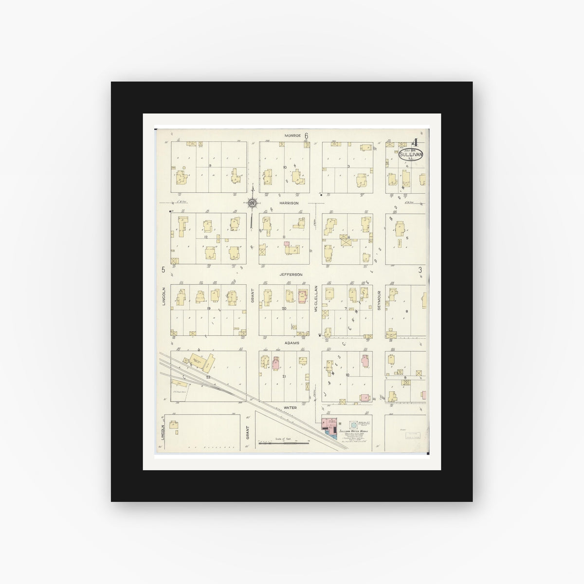 Old map wall art mockup — black gallery frame with white mat — Sanborn Fire Insurance Map from Sullivan, Moultrie County, Illinois (1914), Sheet #0004