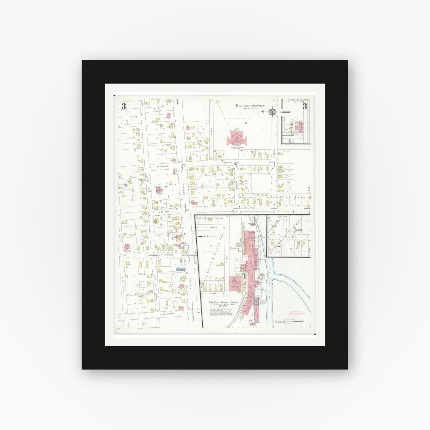 Old map wall art mockup — black gallery frame with white mat — Sanborn Fire Insurance Map from White Pigeon, Saint Joseph County, Michigan (1936), Sheet #0003