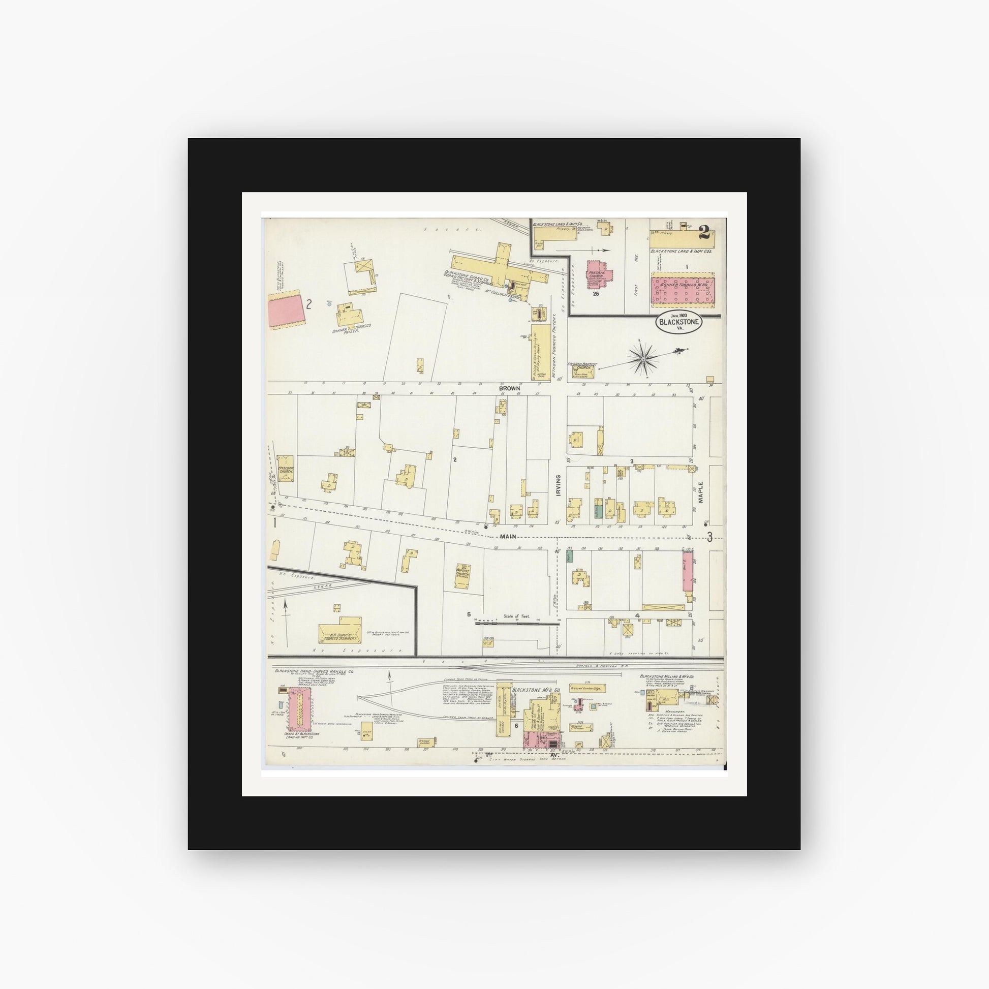 Old map wall art mockup — black gallery frame with white mat — Sanborn Fire Insurance Map from Blackstone, Nottoway County, Virginia (1903), Sheet #0002