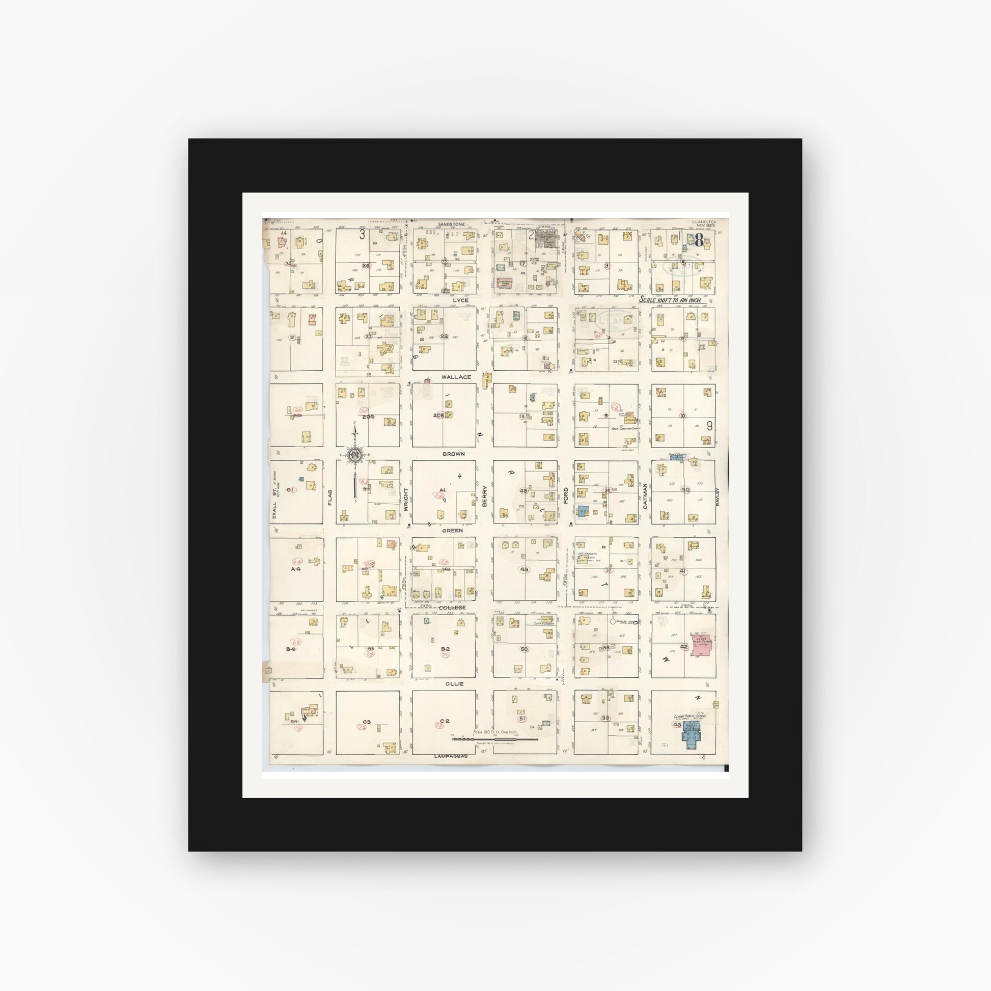 Old map wall art mockup — black gallery frame with white mat — Sanborn Fire Insurance Map from Llano, Llano County, Texas (1942), Sheet #0008