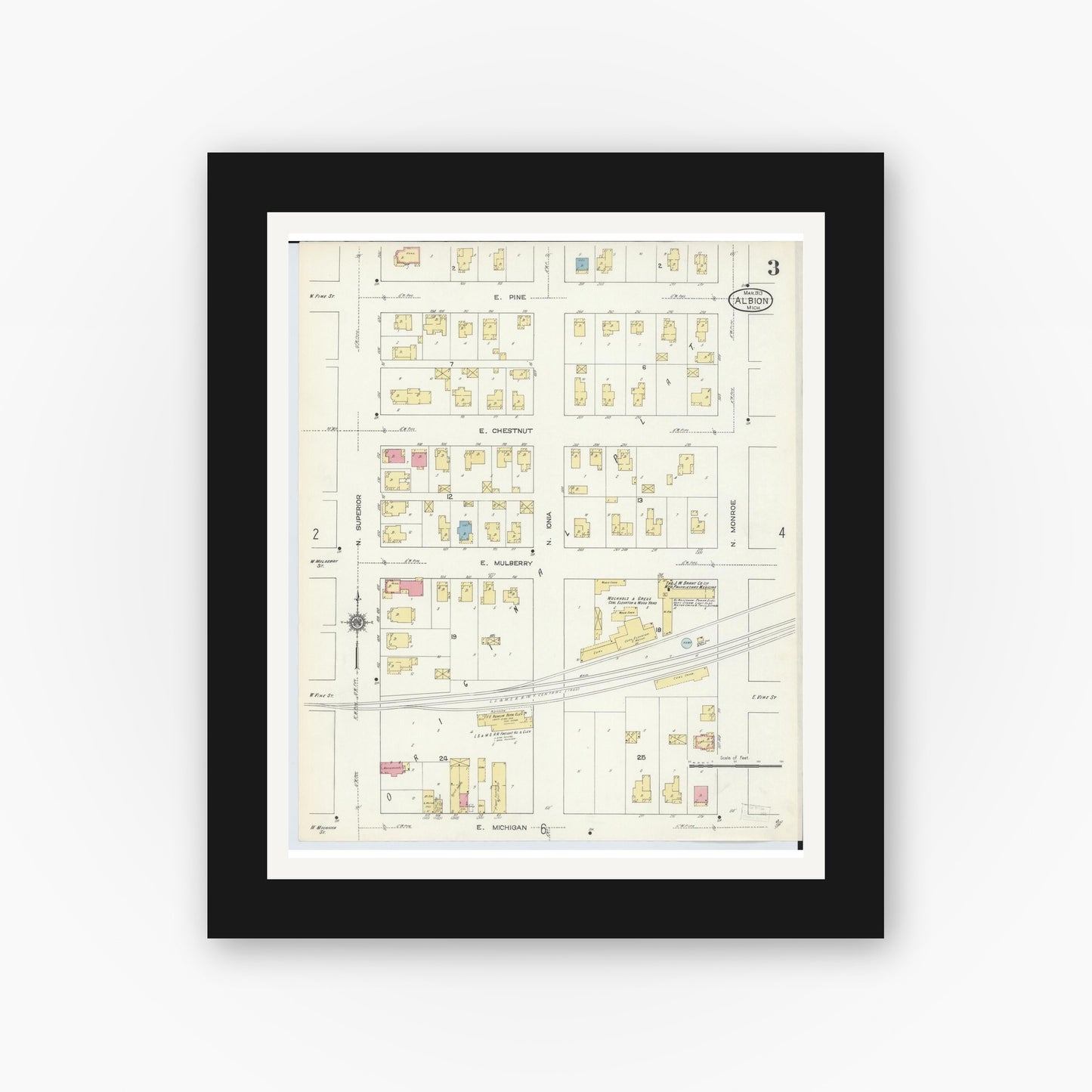 Old map wall art mockup — black gallery frame with white mat — Sanborn Fire Insurance Map from Albion, Calhoun County, Michigan (1913), Sheet #0003