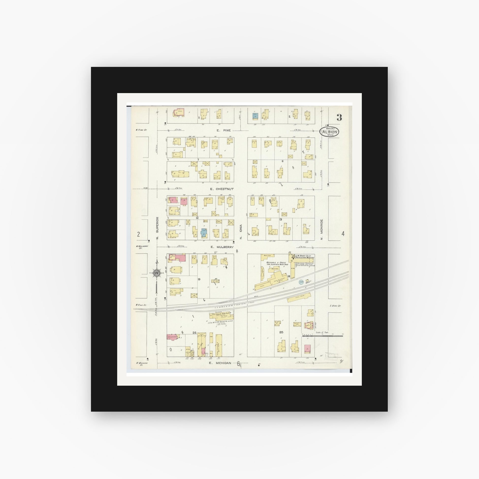 Old map wall art mockup — black gallery frame with white mat — Sanborn Fire Insurance Map from Albion, Calhoun County, Michigan (1913), Sheet #0003