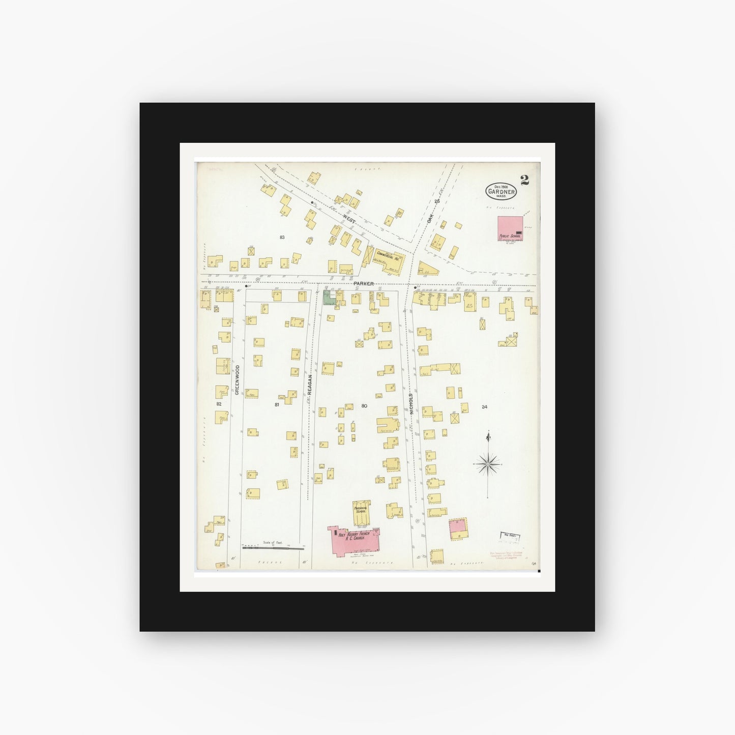 Old map wall art mockup — black gallery frame with white mat — Sanborn Fire Insurance Map from Gardner, Worcester County, Massachusetts (1900), Sheet #0002