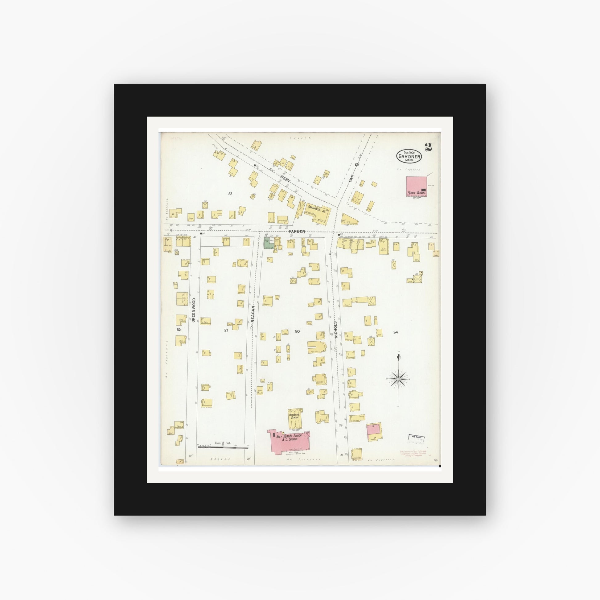Old map wall art mockup — black gallery frame with white mat — Sanborn Fire Insurance Map from Gardner, Worcester County, Massachusetts (1900), Sheet #0002