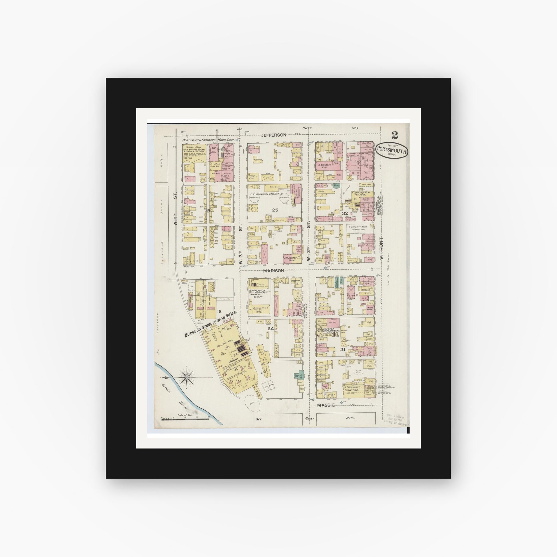 Old map wall art mockup — black gallery frame with white mat — Sanborn Fire Insurance Map from Portsmouth, Scioto County, Ohio (1887), Sheet #0002
