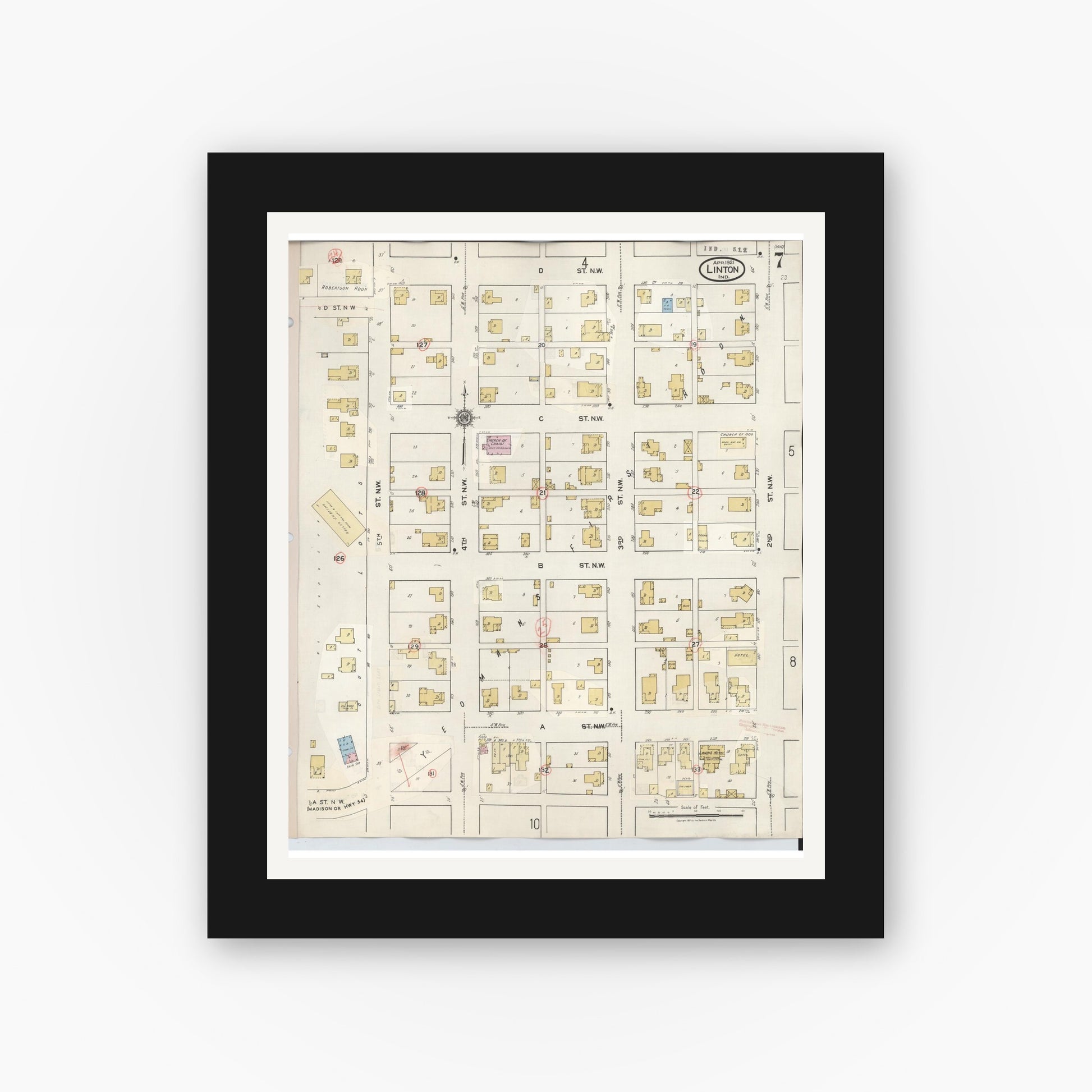 Old map wall art mockup — black gallery frame with white mat — Sanborn Fire Insurance Map from Linton, Greene County, Indiana (1948), Sheet #0007