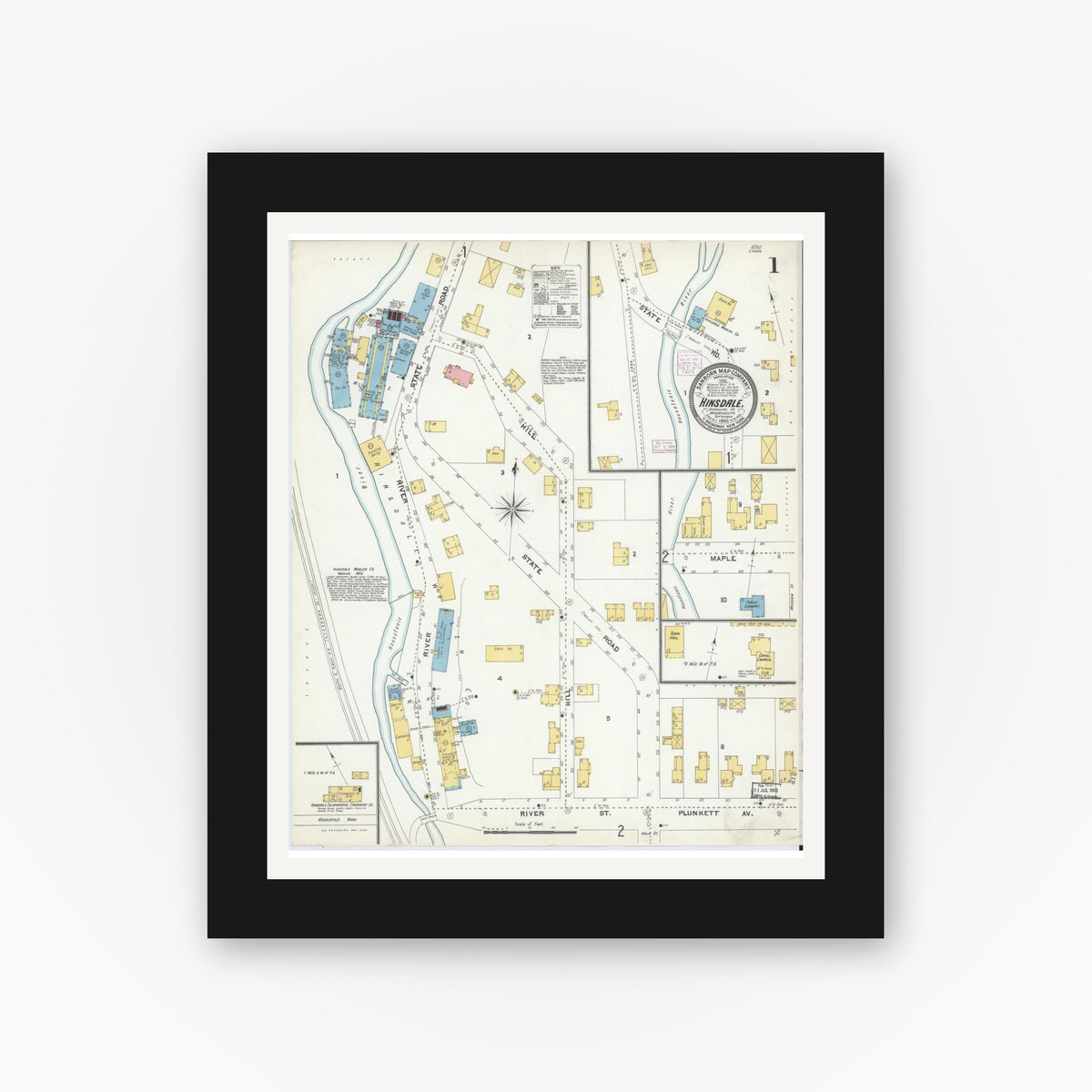 Old map wall art mockup — black gallery frame with white mat — Sanborn Fire Insurance Map from Hinsdale, Berkshire County, Massachusetts (1905), Sheet #0001