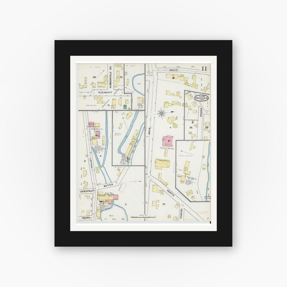 Old map wall art mockup — black gallery frame with white mat — Sanborn Fire Insurance Map from Spencer, Worcester County, Massachusetts (1892), Sheet #0011