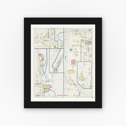 Old map wall art mockup — black gallery frame with white mat — Sanborn Fire Insurance Map from Spencer, Worcester County, Massachusetts (1892), Sheet #0011