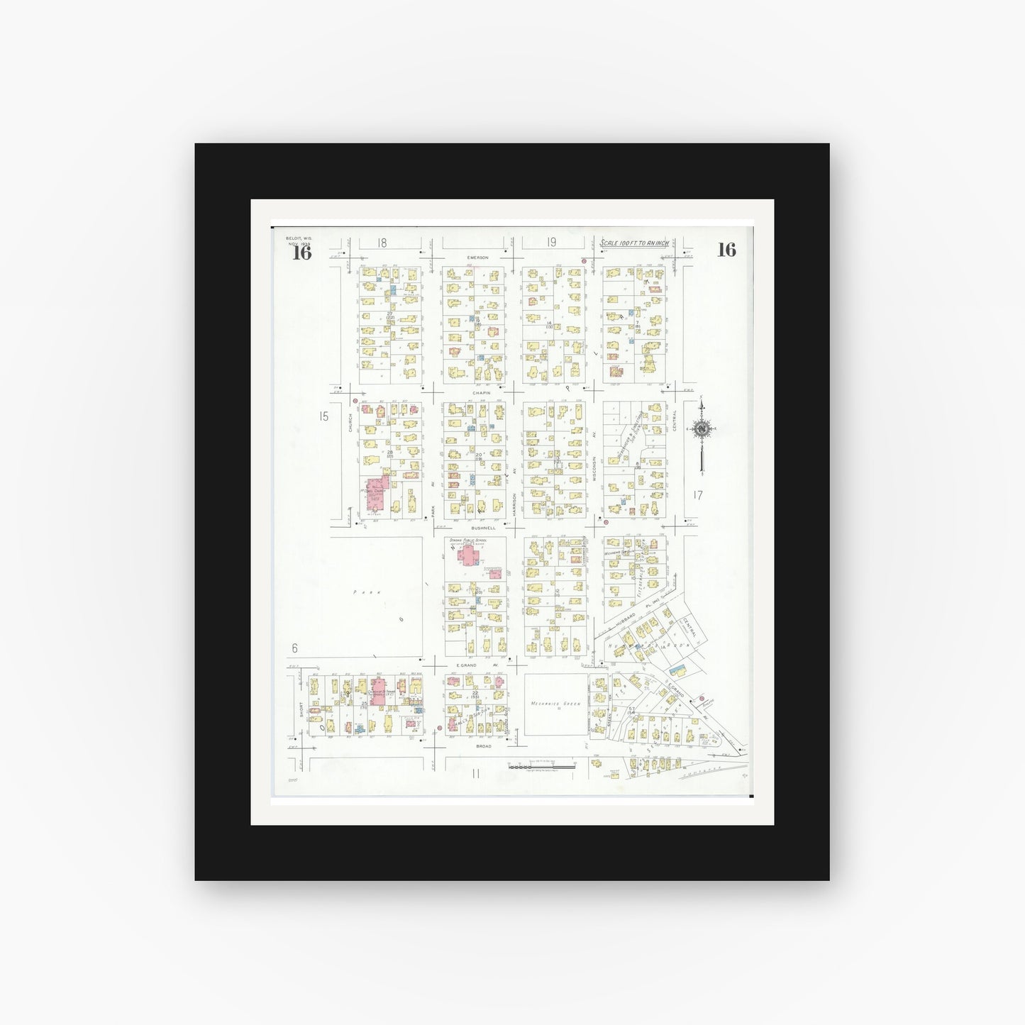Old map wall art mockup — black gallery frame with white mat — Sanborn Fire Insurance Map from Beloit, Rock County, Wisconsin (1939), Sheet #0016