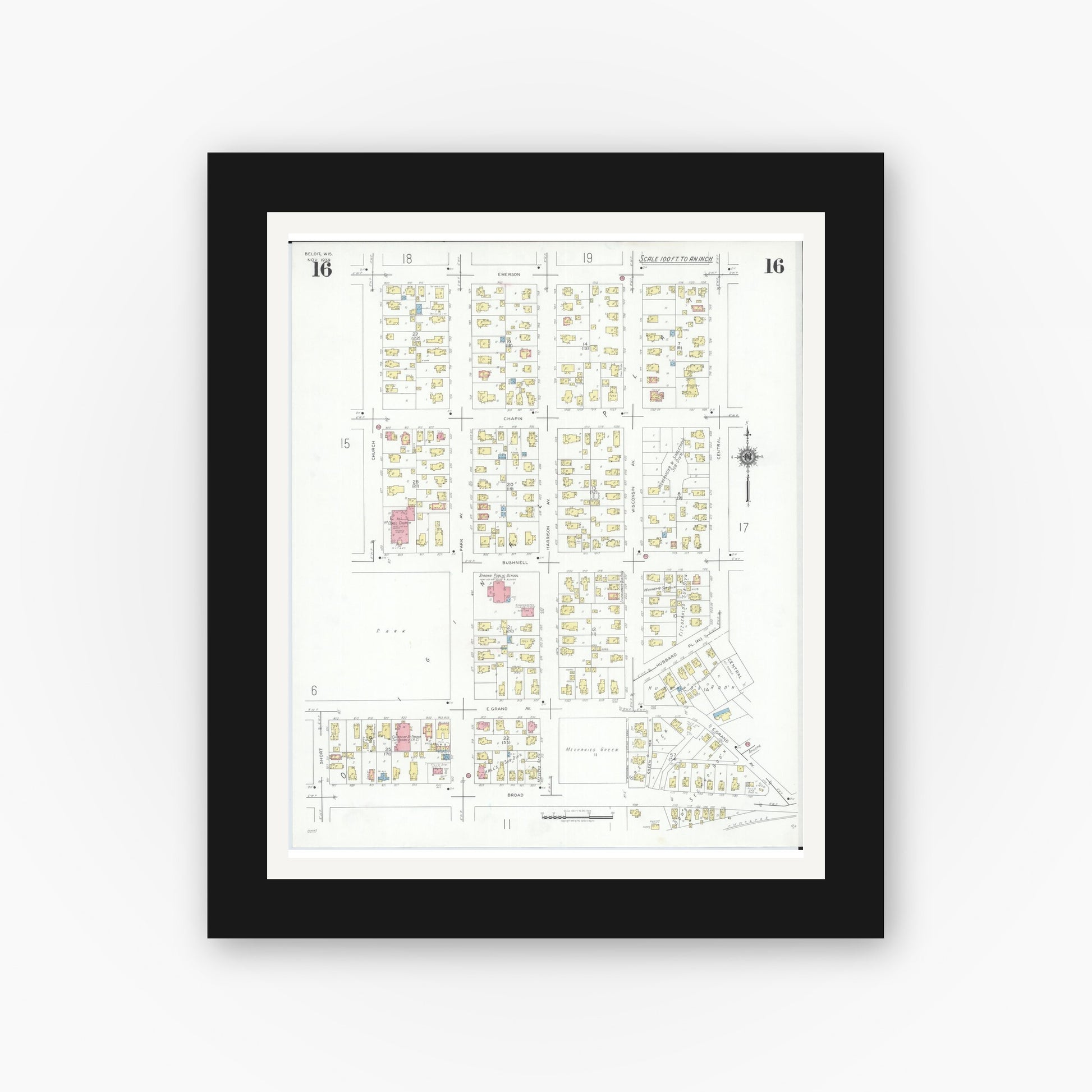 Old map wall art mockup — black gallery frame with white mat — Sanborn Fire Insurance Map from Beloit, Rock County, Wisconsin (1939), Sheet #0016