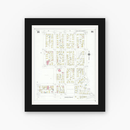 Old map wall art mockup — black gallery frame with white mat — Sanborn Fire Insurance Map from Beloit, Rock County, Wisconsin (1939), Sheet #0016