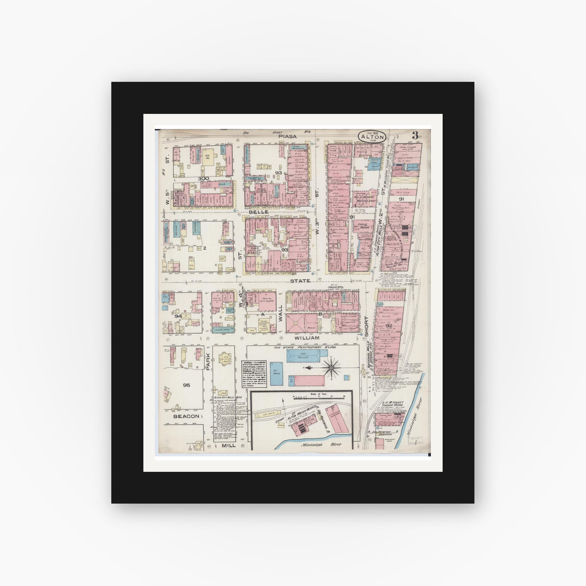 Old map wall art mockup — black gallery frame with white mat — Sanborn Fire Insurance Map from Alton, Madison County, Illinois (1885), Sheet #0003