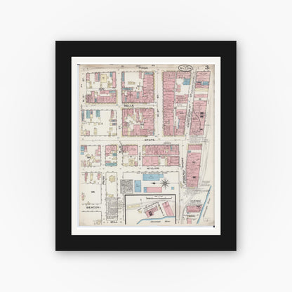 Old map wall art mockup — black gallery frame with white mat — Sanborn Fire Insurance Map from Alton, Madison County, Illinois (1885), Sheet #0003