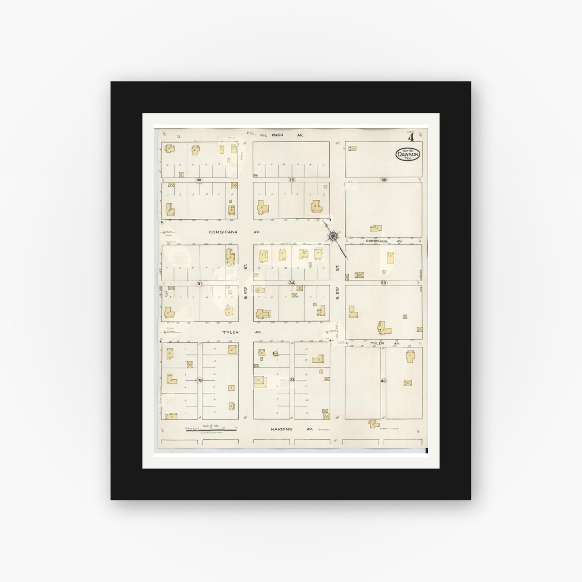 Old map wall art mockup — black gallery frame with white mat — Sanborn Fire Insurance Map from Dawson, Navarro County, Texas (1943), Sheet #0004