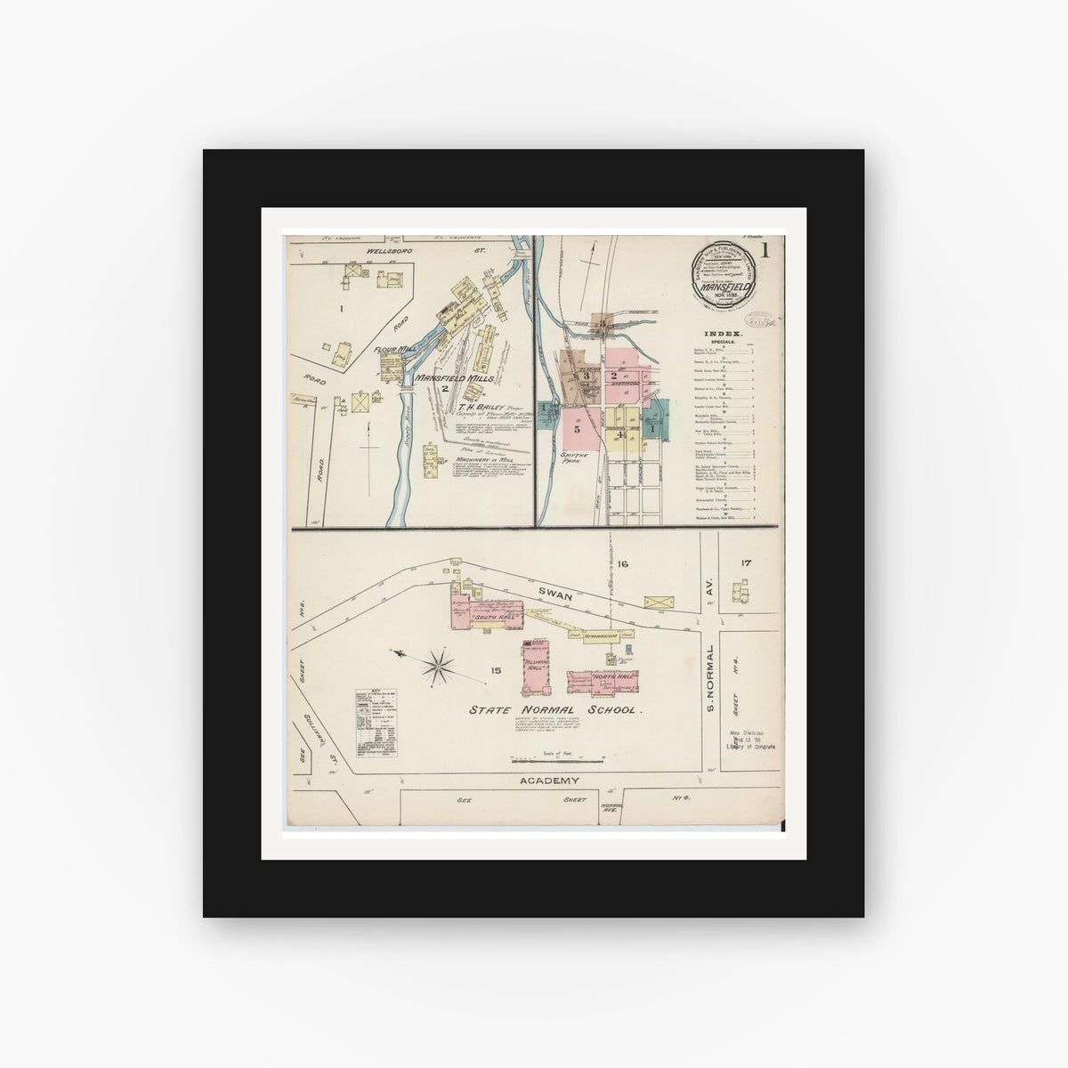 Old map wall art mockup — black gallery frame with white mat — Sanborn Fire Insurance Map from Mansfield, Tioga County, Pennsylvania (1885), Sheet #0001
