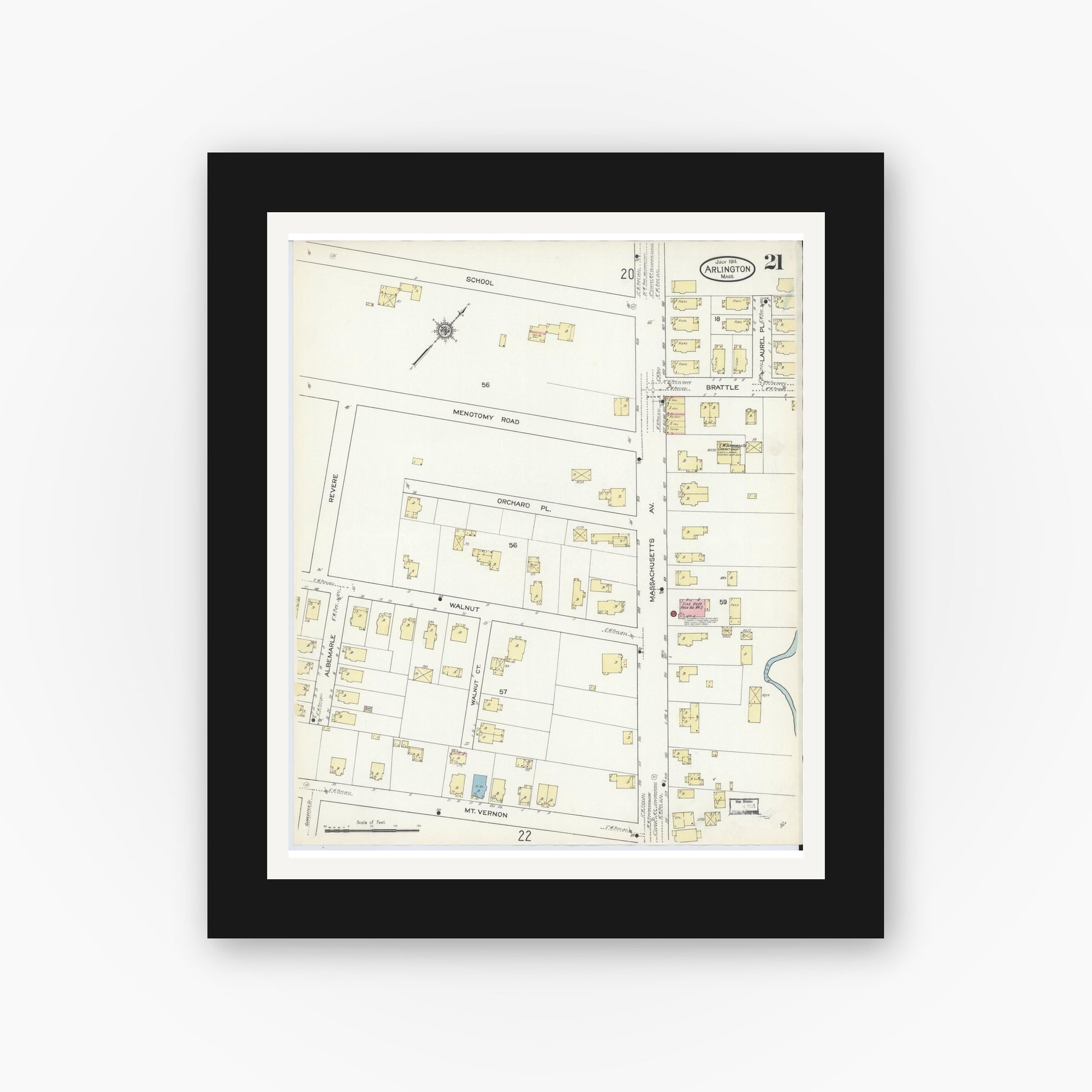 Old map wall art mockup — black gallery frame with white mat — Sanborn Fire Insurance Map from Arlington, Middlesex County, Massachusetts (1914), Sheet #0021