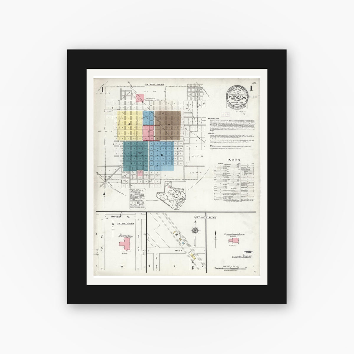 Old map wall art mockup — black gallery frame with white mat — Sanborn Fire Insurance Map from Floydada, Floyd County, Texas (1925) - Complete Map Set
