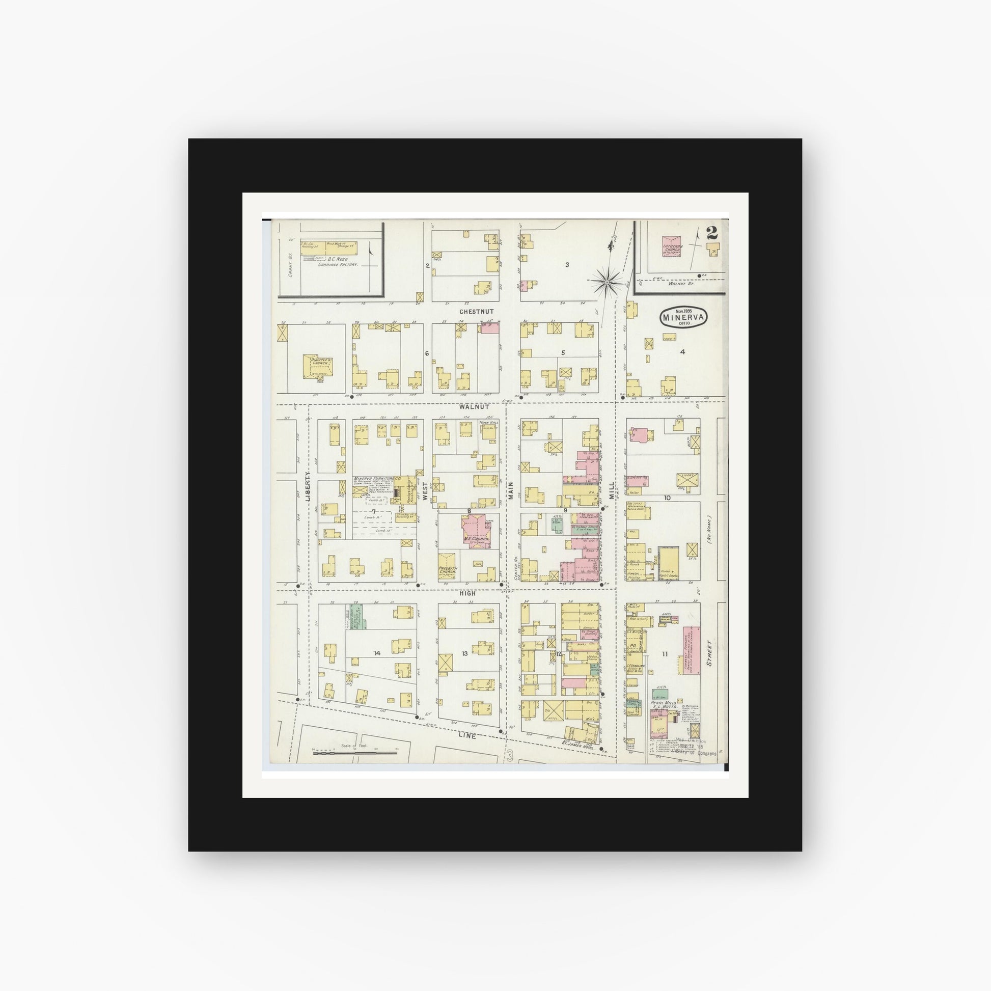 Old map wall art mockup — black gallery frame with white mat — Sanborn Fire Insurance Map from Minerva, Stark And Carroll Counties, Ohio (1895), Sheet #0002