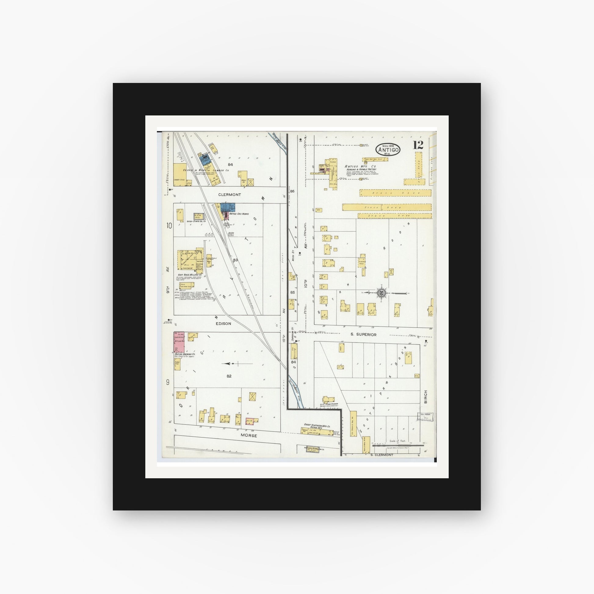 Old map wall art mockup — black gallery frame with white mat — Sanborn Fire Insurance Map from Antigo, Langlade County, Wisconsin (1919), Sheet #0012