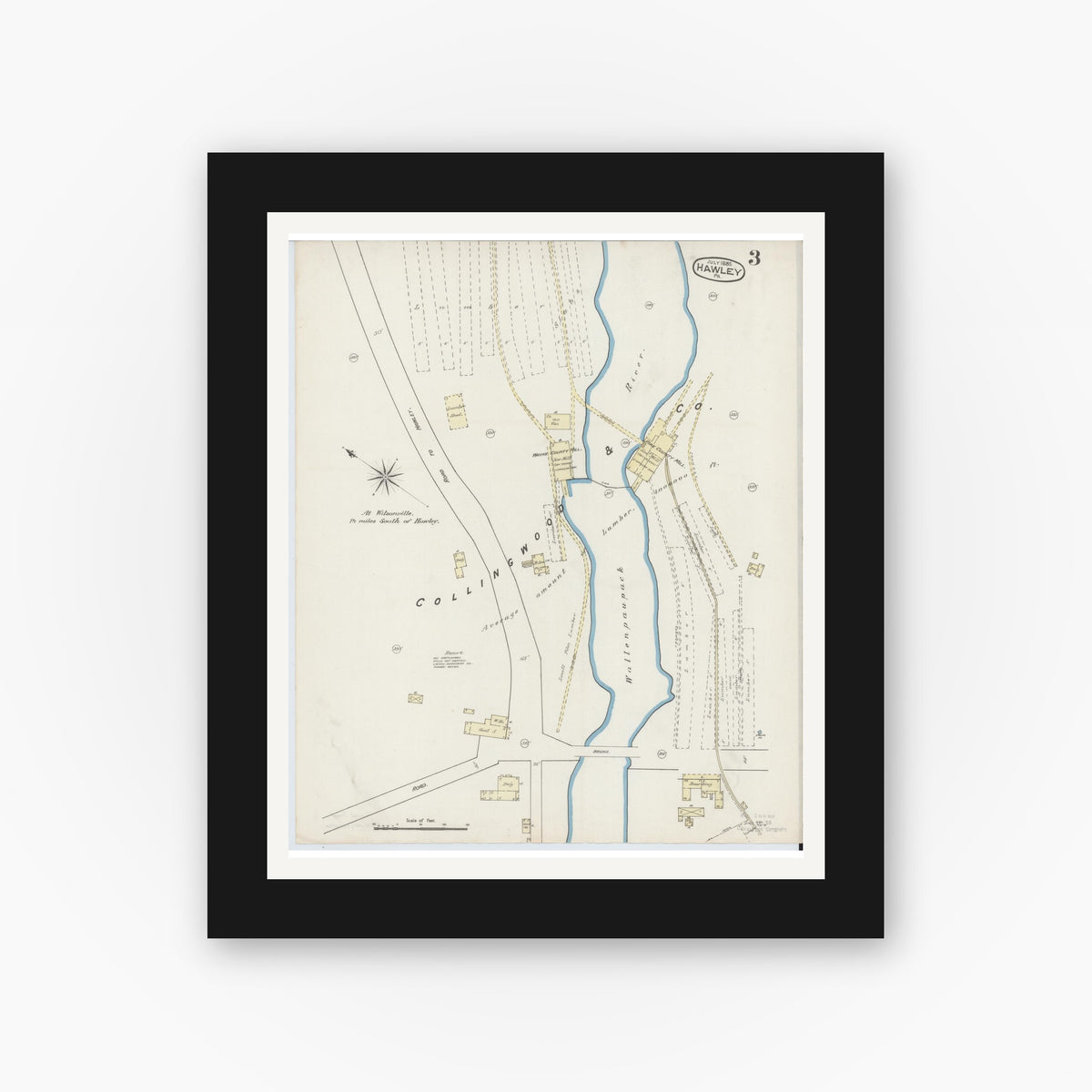 Old map wall art mockup — black gallery frame with white mat — Sanborn Fire Insurance Map from Hawley, Wayne County, Pennsylvania (1885), Sheet #0003