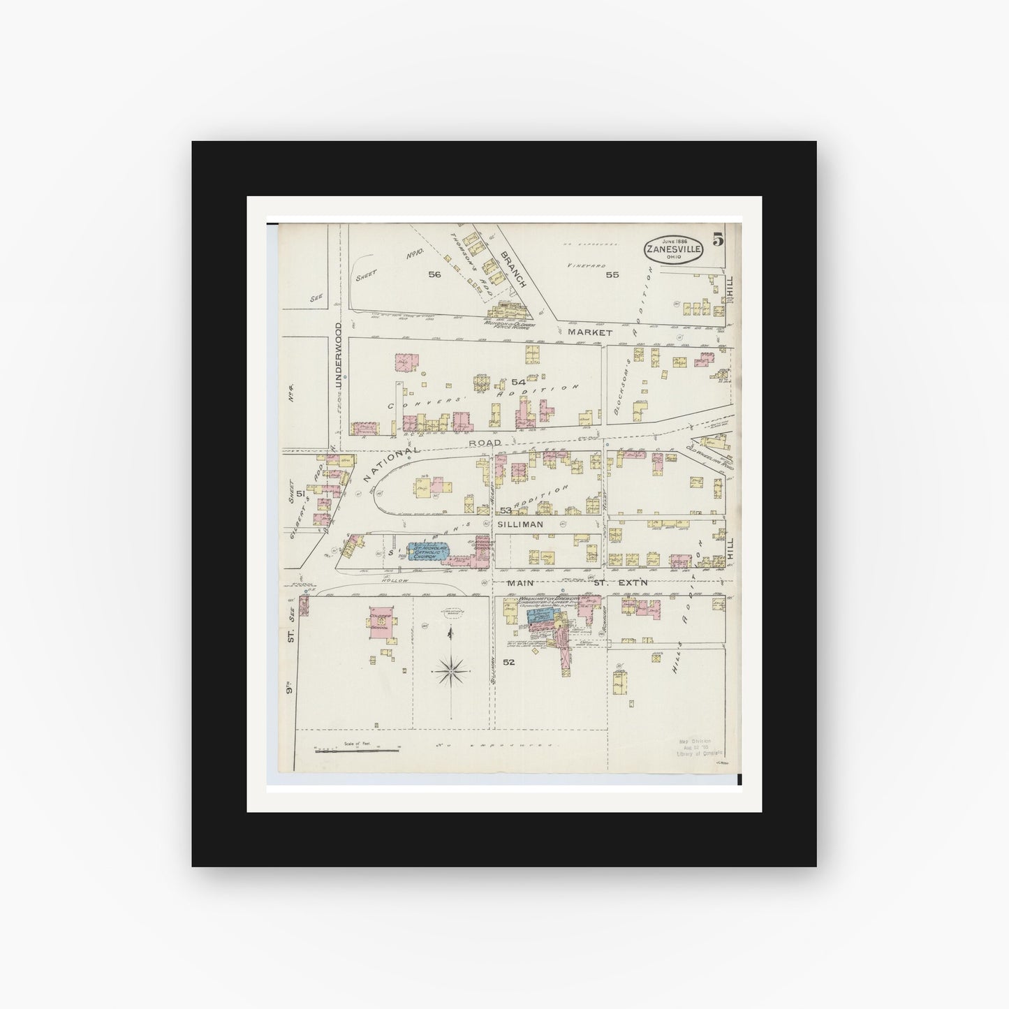 Old map wall art mockup — black gallery frame with white mat — Sanborn Fire Insurance Map from Zanesville, Muskingum County, Ohio (1886), Sheet #0005