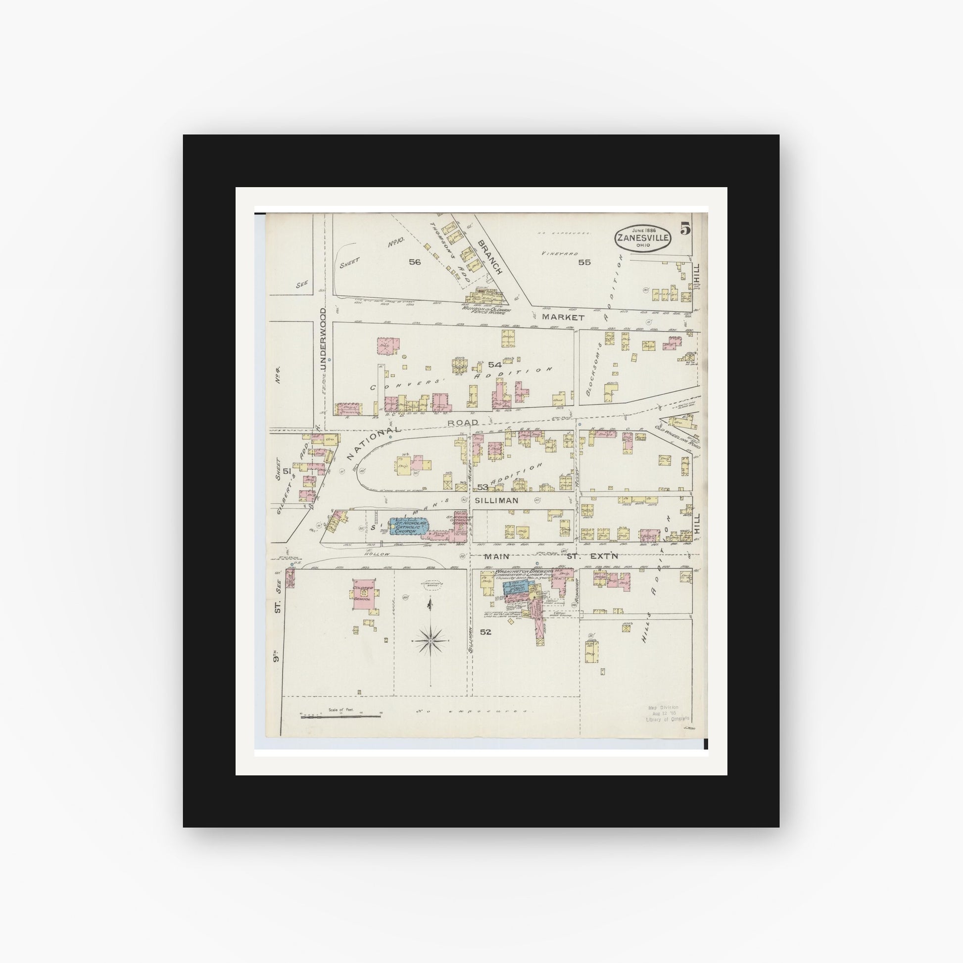 Old map wall art mockup — black gallery frame with white mat — Sanborn Fire Insurance Map from Zanesville, Muskingum County, Ohio (1886), Sheet #0005
