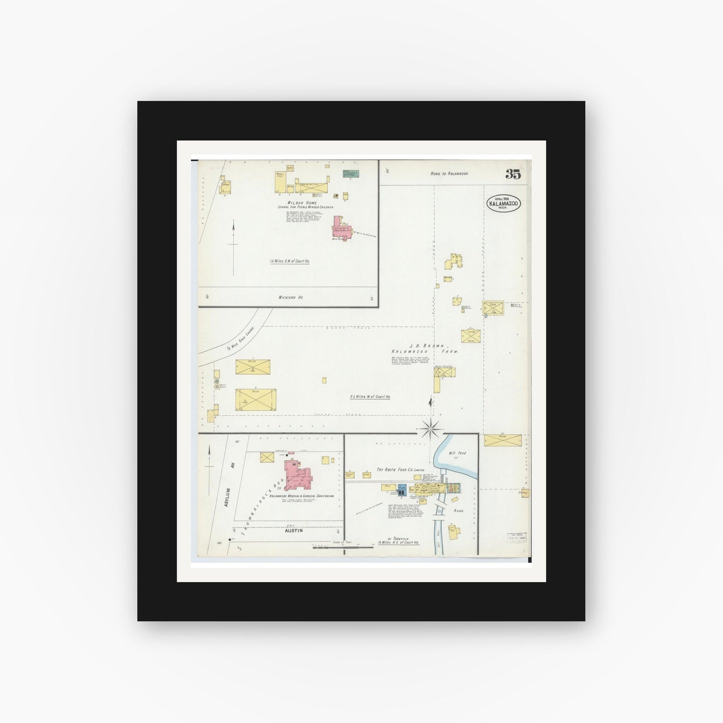Old map wall art mockup — black gallery frame with white mat — Sanborn Fire Insurance Map from Kalamazoo, Kalamazoo County, Michigan (1902), Sheet #0035