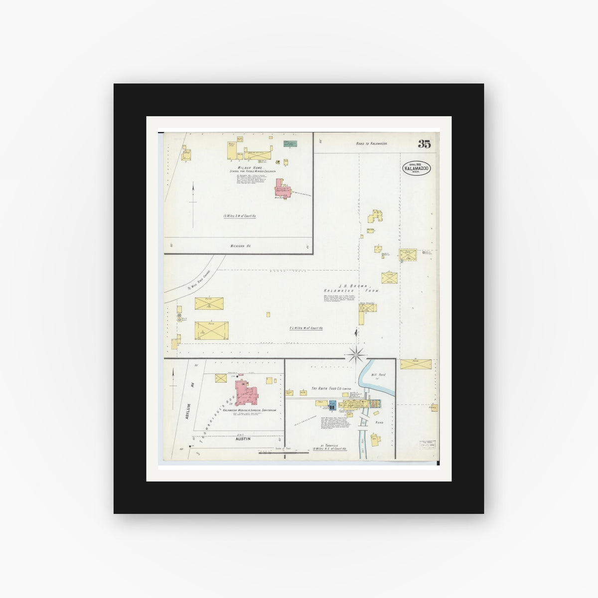 Old map wall art mockup — black gallery frame with white mat — Sanborn Fire Insurance Map from Kalamazoo, Kalamazoo County, Michigan (1902), Sheet #0035