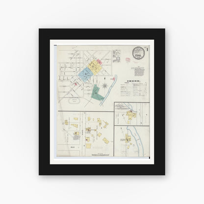 Old map wall art mockup — black gallery frame with white mat — Sanborn Fire Insurance Map from Caro, Tuscola County, Michigan (1895) - Complete Map Set