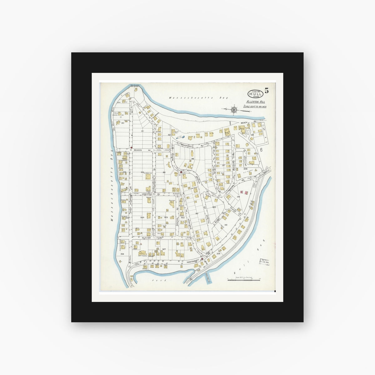 Old map wall art mockup — black gallery frame with white mat — Sanborn Fire Insurance Map from Hull, Plymouth County, Massachusetts (1916), Sheet #0005