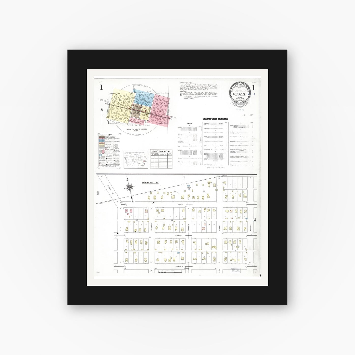 Old map wall art mockup — black gallery frame with white mat — Sanborn Fire Insurance Map from Durant, Cedar County, Iowa (1948), Sheet #0001