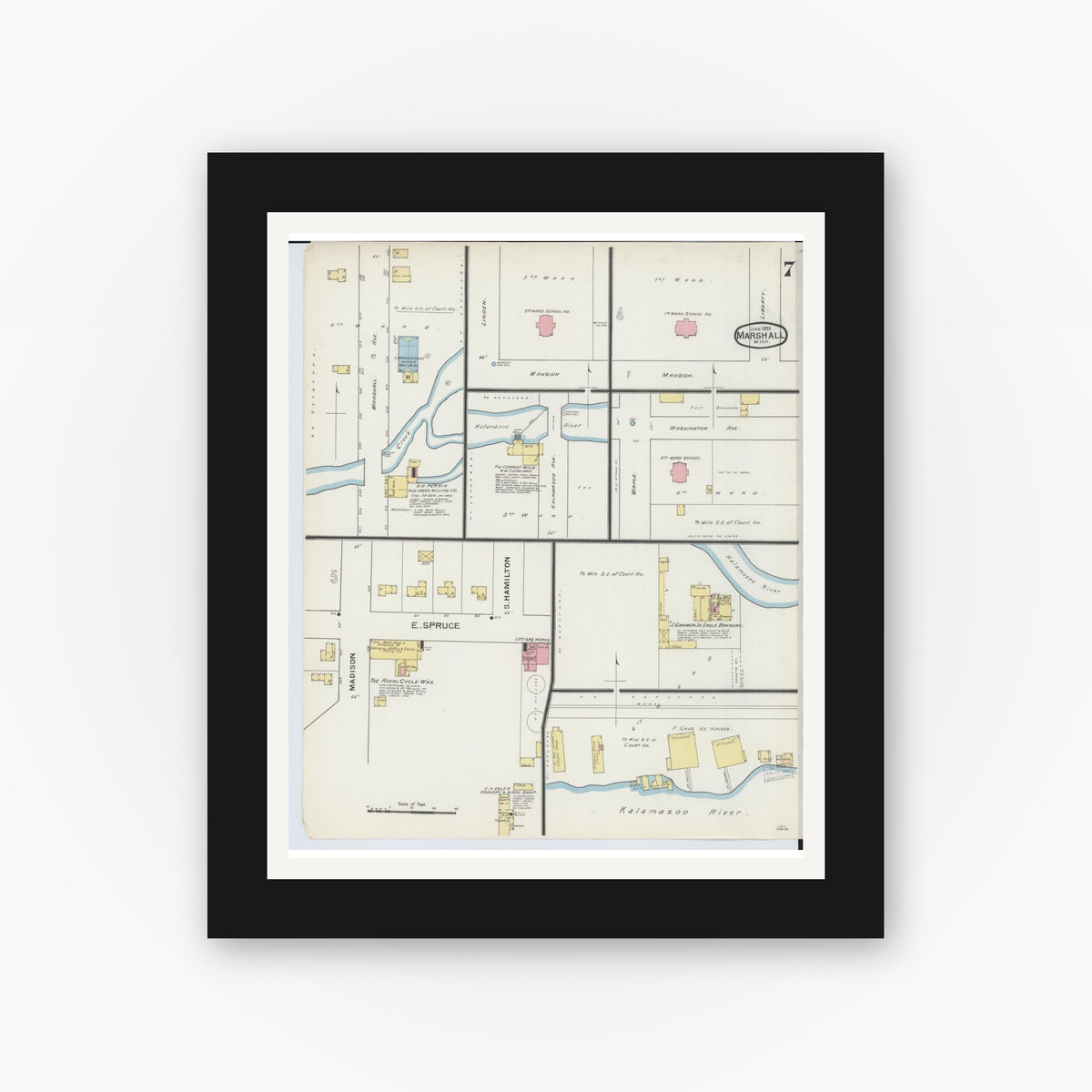 Old map wall art mockup — black gallery frame with white mat — Sanborn Fire Insurance Map from Marshall, Calhoun County, Michigan (1893), Sheet #0007