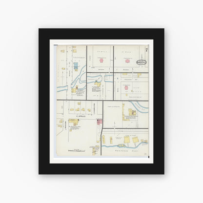 Old map wall art mockup — black gallery frame with white mat — Sanborn Fire Insurance Map from Marshall, Calhoun County, Michigan (1893), Sheet #0007