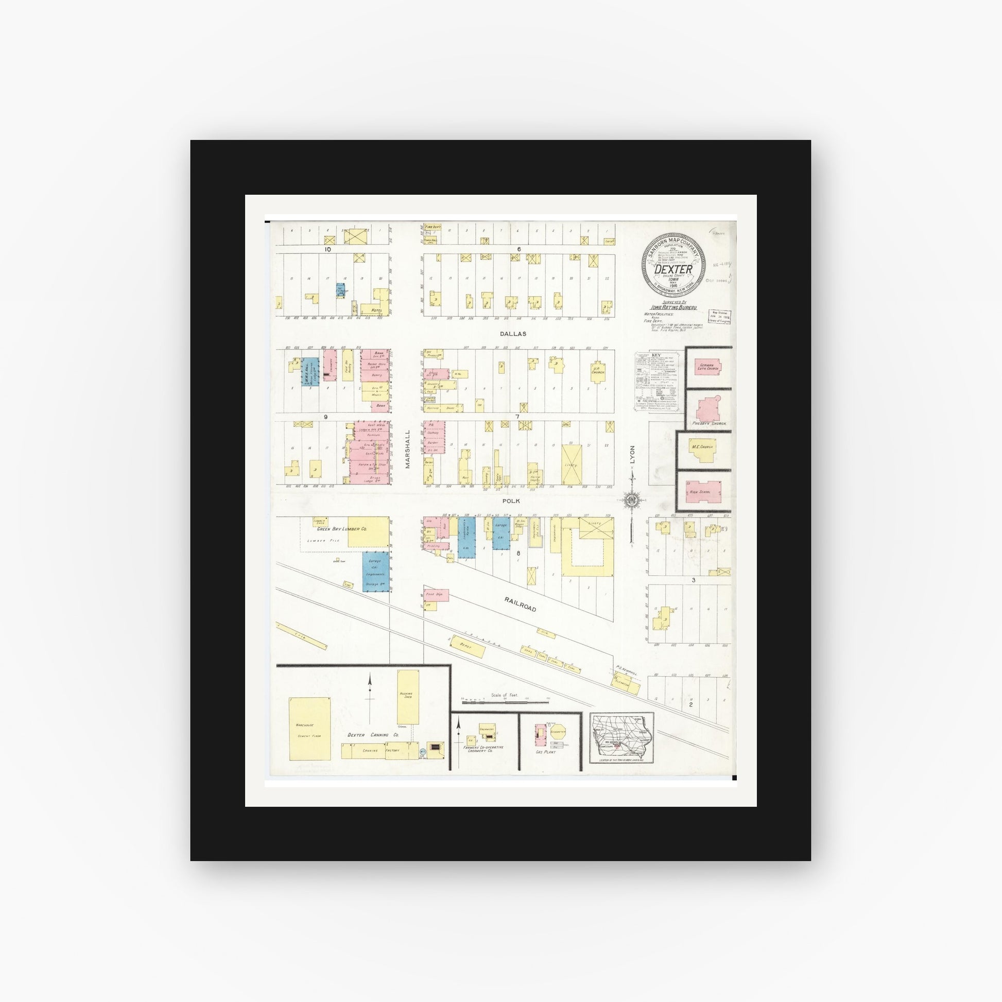 Old map wall art mockup — black gallery frame with white mat — Sanborn Fire Insurance Map from Dexter, Dallas County, Iowa (1916), Sheet #0001