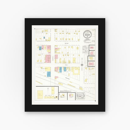 Old map wall art mockup — black gallery frame with white mat — Sanborn Fire Insurance Map from Dexter, Dallas County, Iowa (1916), Sheet #0001