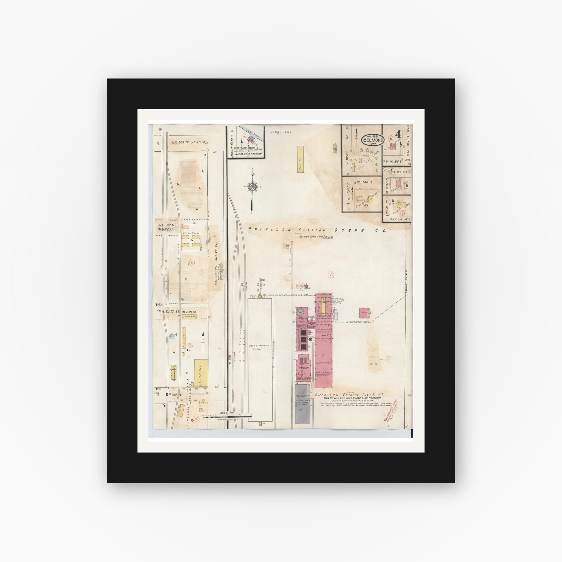Old map wall art mockup — black gallery frame with white mat — Sanborn Fire Insurance Map from Belmond, Wright County, Iowa (1939), Sheet #0004