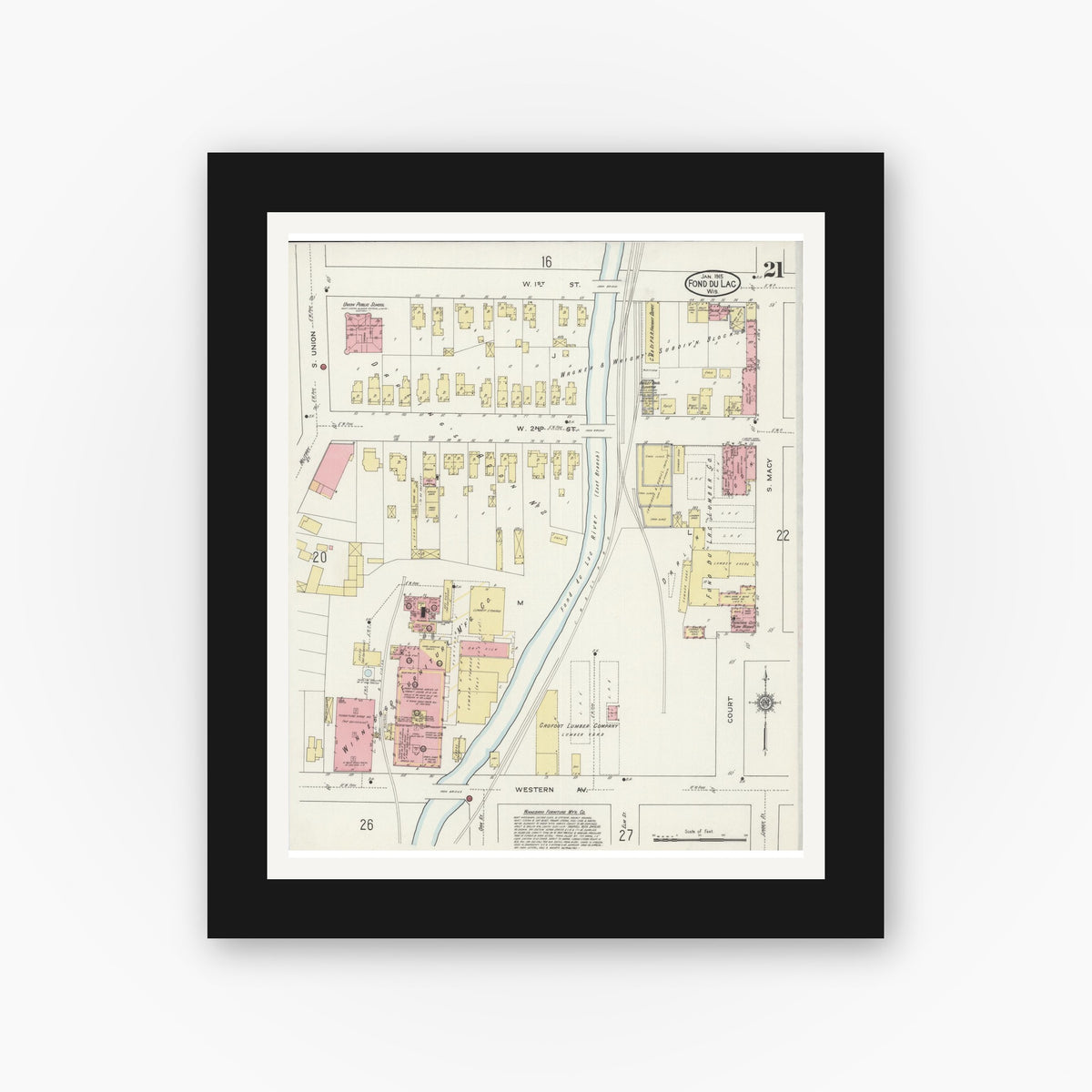 Old map wall art mockup — black gallery frame with white mat — Sanborn Fire Insurance Map from Fond du Lac, Fond du Lac County, Wisconsin (1915), Sheet #0021