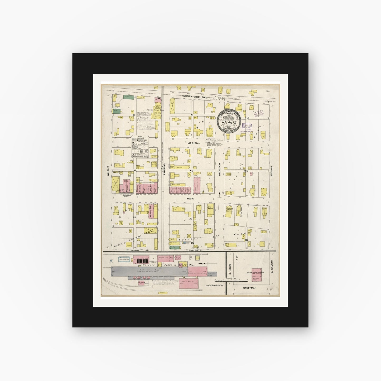 Old map wall art mockup — black gallery frame with white mat — Sanborn Fire Insurance Map from Atlanta, Hamilton And Tipton Counties, Indiana (1909), Sheet #0001