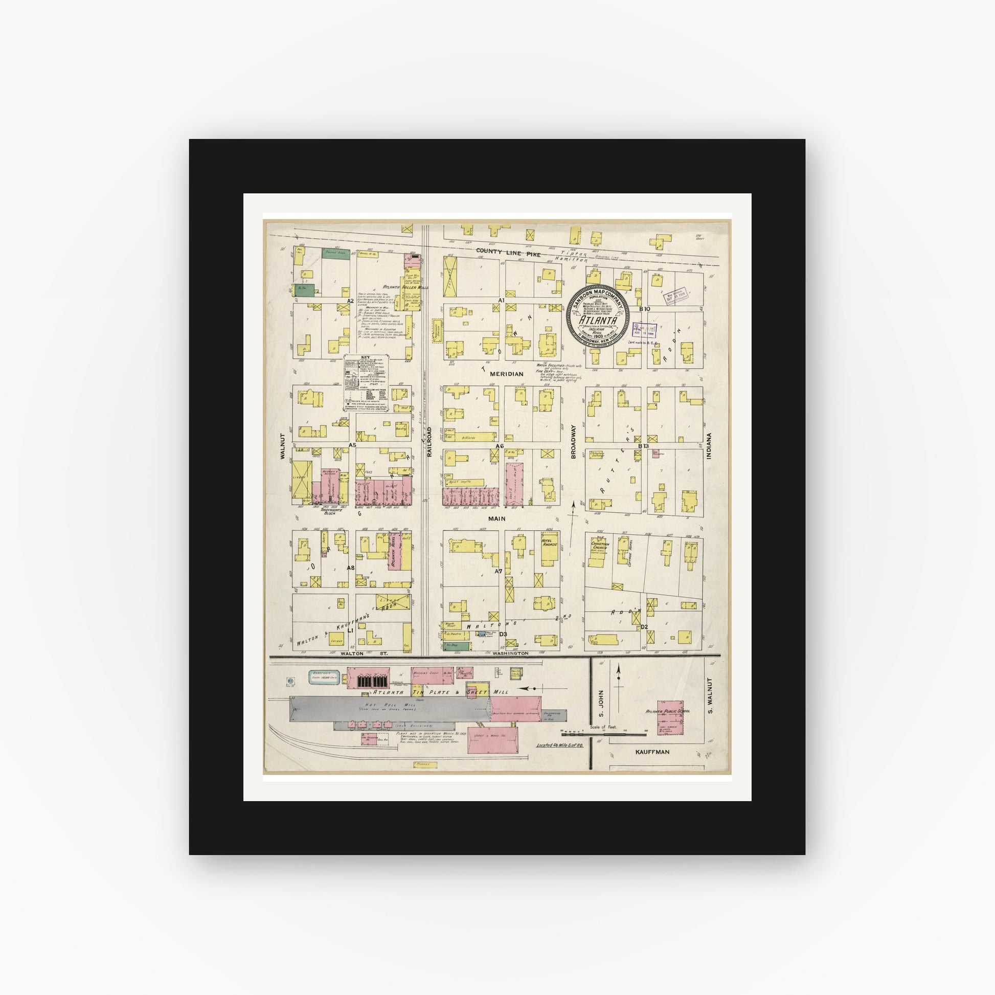Old map wall art mockup — black gallery frame with white mat — Sanborn Fire Insurance Map from Atlanta, Hamilton And Tipton Counties, Indiana (1909), Sheet #0001